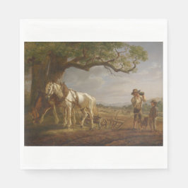 Landbouwers die in een veld met paarden en ploegen servet