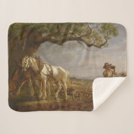 Landbouwers die in een veld met paarden en ploegen sherpa deken