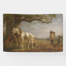 Landbouwers die in een veld met paarden en ploegen