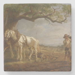 Landbouwers die in een veld met paarden en ploegen stenen onderzetter