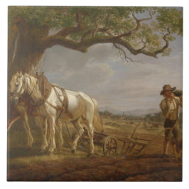 Landbouwers die in een veld met paarden en ploegen tegeltje