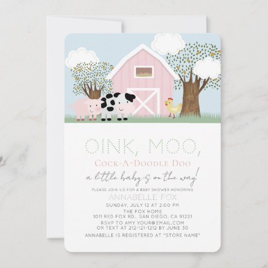 Landbouwhuisdieren Barnyard Pink Barn Girl Baby sh Kaart (Voorkant)