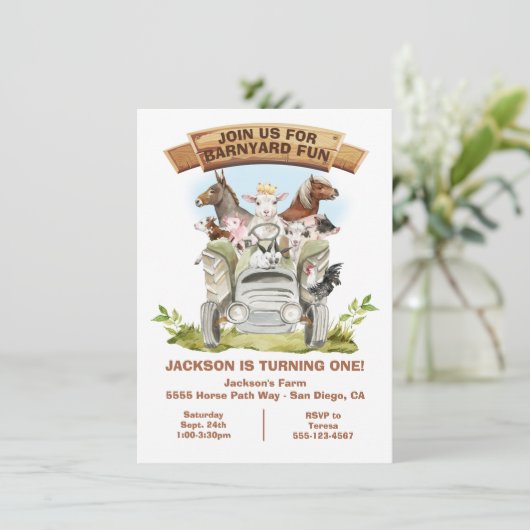 Landbouwhuisdieren Barnyard Tractor Birthday Kaart (Staand voorkant)