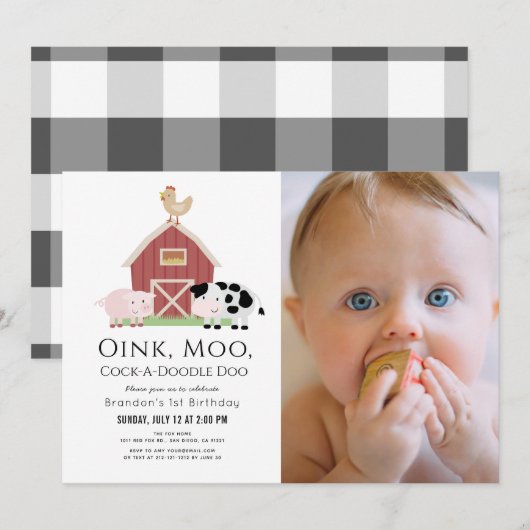 Landbouwhuisdieren Barnyard White Foto 1st Birthda Kaart (Voorkant / Achterkant)