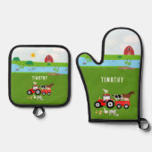 Landbouwhuisdieren en Roodtrekkerbarrière - Aangep Ovenwant & Pannenlap Set (Voorkant)