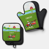 Landbouwhuisdieren en Roodtrekkerbarrière - Aangep Ovenwant & Pannenlap Set (Voorkant / Achterkant)