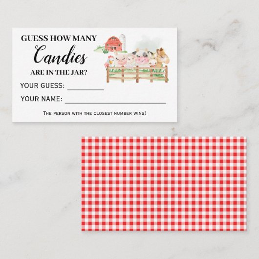 Landbouwhuisdieren Hoeveel Snoepjes Baby shower Plaatskaartje (Voorkant / Achterkant)