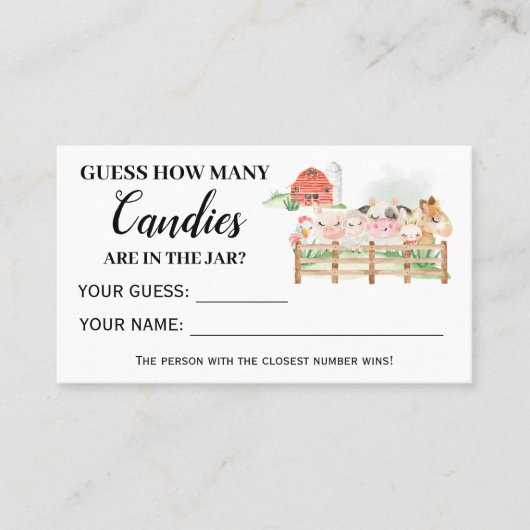 Landbouwhuisdieren Hoeveel Snoepjes Baby shower Plaatskaartje (Voorkant)