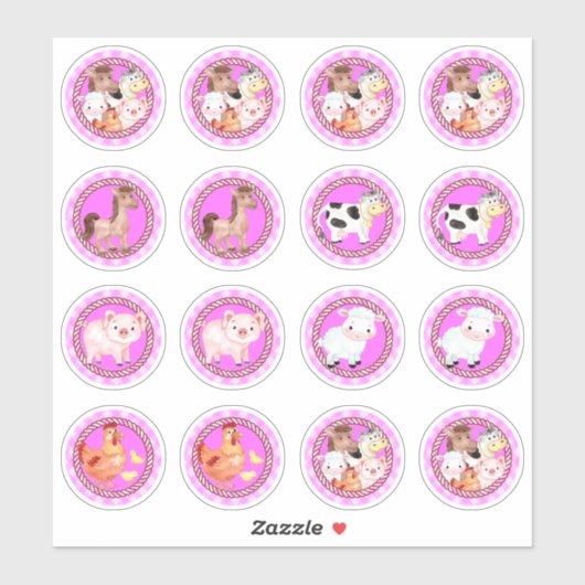 Landbouwhuisdieren in de werf met gingham lichtroz sticker (Vel)