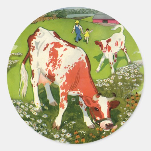  landbouwhuisdieren, Koeien die grazen met boer Ronde Sticker (Voorkant)