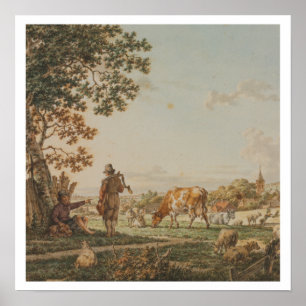 Landbouwhuisdieren met twee herders  schilderen poster