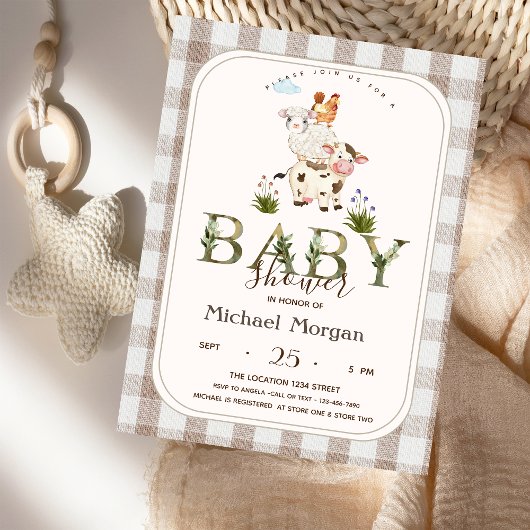 Landbouwhuisdieren Plaid Baby shower Kaart