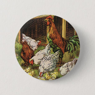 landbouwhuisdieren, rooster, kippen ronde button 5,7 cm