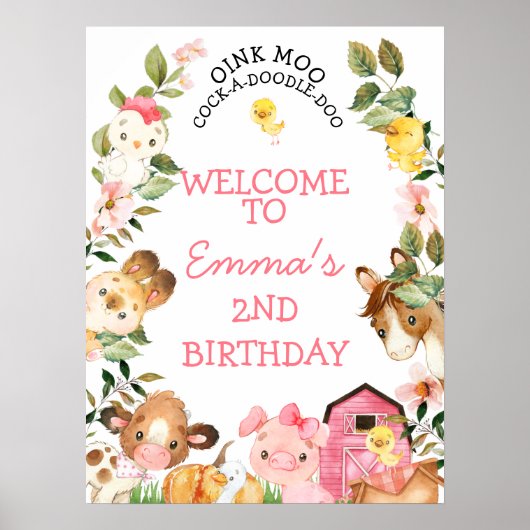 Landbouwhuisdieren Roze Barn Birthday Welkom Poster (Voorkant)