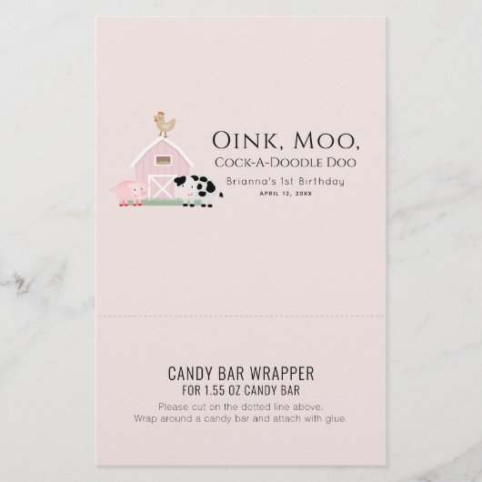 Landbouwhuisdieren Roze orthday Snoep Bar Wrapper (Voorkant)