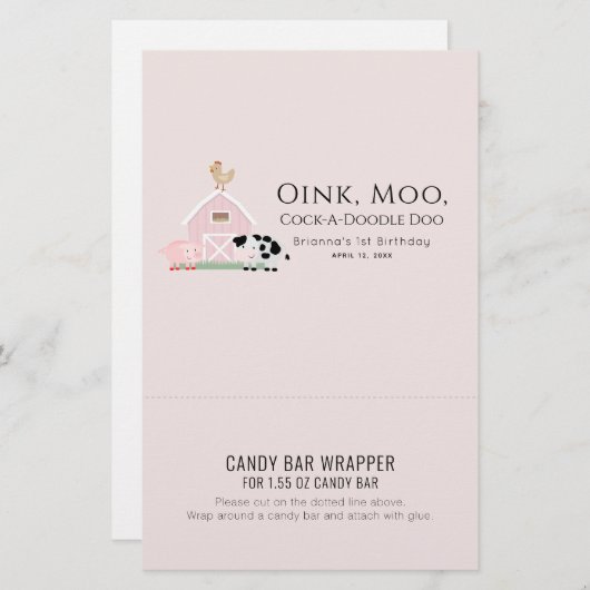 Landbouwhuisdieren Roze orthday Snoep Bar Wrapper (Voorkant / Achterkant)