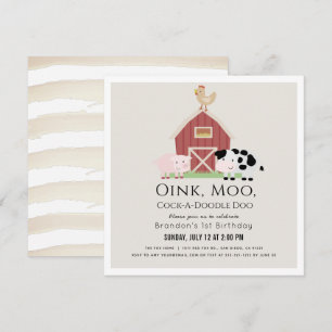 Landdieren Barnyard Beige 1st Birthday Square Kaart