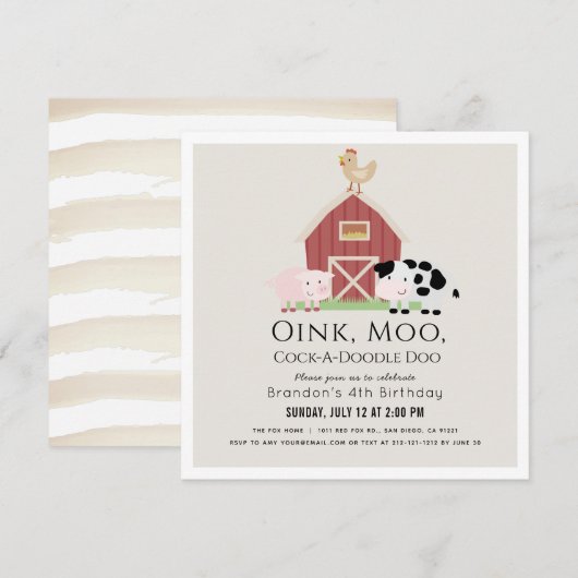 Landdieren Barnyard Beige Birthday Square Kaart (Voorkant / Achterkant)