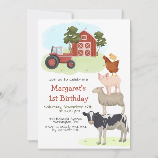 Landdieren Barnyard Birthday Invitation Kaart (Voorkant)