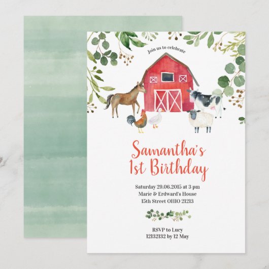 Landdieren Barnyard Birthday Invitation Kaart (Voorkant / Achterkant)