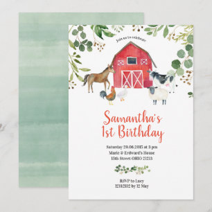 Landdieren Barnyard Birthday Invitation Kaart