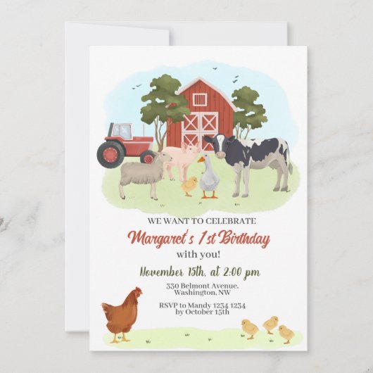 Landdieren Barnyard Birthday Invitation Kaart (Voorkant)