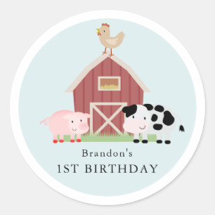Landdieren Barnyard Blue Boy Birthday Ronde Sticker