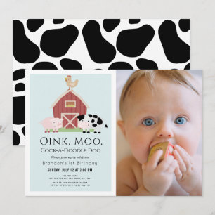 Landdieren Barnyard Blue Boy Foto 1st Birthday Kaart