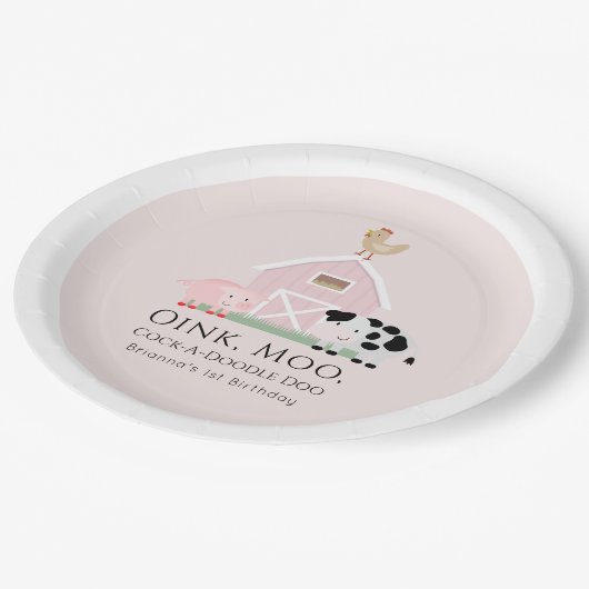 Landdieren Barnyard Girl Pink Birthday Papieren Bordje (Gekanteld)