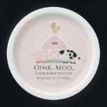 Landdieren Barnyard Girl Pink Birthday Papieren Bordje<br><div class="desc">Het verjaardagspapier bord van dit schattige en eigentijdse "oink,  moo,  cock-a-doodle do" meisje is voorzien van een varkentje,  een kippenvel en een koe met een roze schuur op een blush roze achtergrond omlijst door een witte rand. Personaliseer voor uw behoeften. U kunt bijpassende producten vinden in mijn winkel.</div>