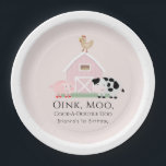 Landdieren Barnyard Girl Pink Birthday Papieren Bordje<br><div class="desc">Het verjaardagspapier bord van dit schattige en eigentijdse "oink,  moo,  cock-a-doodle do" meisje is voorzien van een varkentje,  een kippenvel en een koe met een roze schuur op een blush roze achtergrond omlijst door een witte rand. Personaliseer voor uw behoeften. U kunt bijpassende producten vinden in mijn winkel.</div>