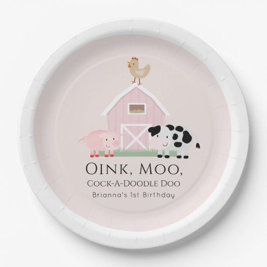 Landdieren Barnyard Girl Pink Birthday Papieren Bordje (Voorkant)