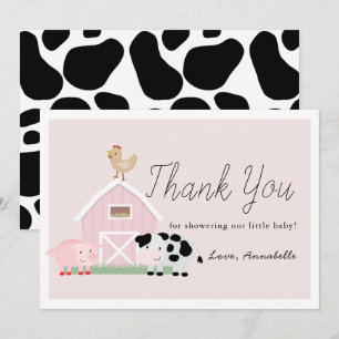 Landdieren Barnyard Pink Baby shower Dank u wel Kaart