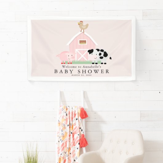 Landdieren Barnyard Pink Baby shower Welkomstwoord Spandoek (Insitu)