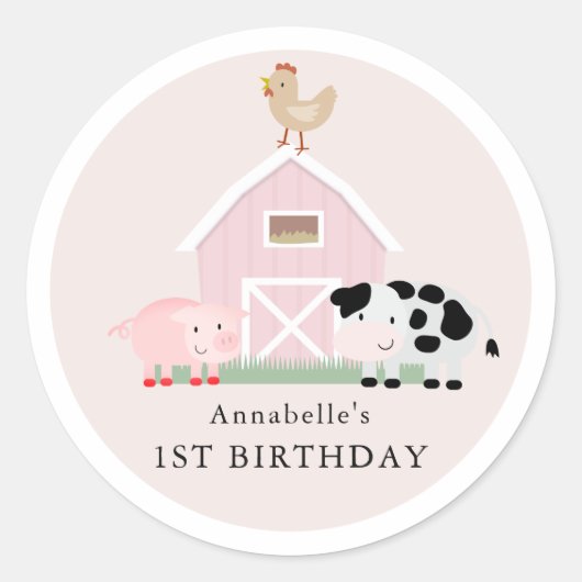 Landdieren Barnyard Pink Girl Birthday Ronde Sticker (Voorkant)