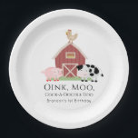 Landdieren Barnyard White Birthday Papieren Bordje<br><div class="desc">Dit schattige en moderne 'oink,  moo,  cock-a-doedle' bord van een genderneutraal verjaardagsartikel bevat een varken,  kip en koe met een rode schuur op een witte achtergrond omgeven door een witte rand. Pas uw wensen aan. In mijn winkel kun je passende producten vinden.</div>