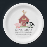Landdieren Barnyard White Birthday Papieren Bordje<br><div class="desc">Dit schattige en moderne 'oink,  moo,  cock-a-doedle' bord van een genderneutraal verjaardagsartikel bevat een varken,  kip en koe met een rode schuur op een witte achtergrond omgeven door een witte rand. Pas uw wensen aan. In mijn winkel kun je passende producten vinden.</div>