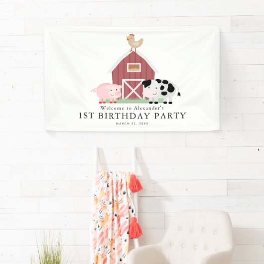 Landdieren Barnyard White Birthday Welkom Spandoek (Insitu)