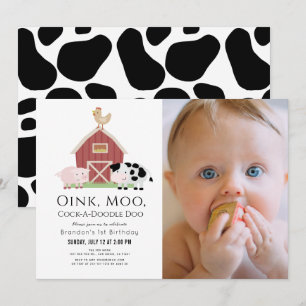 Landdieren Barnyard White Foto 1st Birthday Kaart