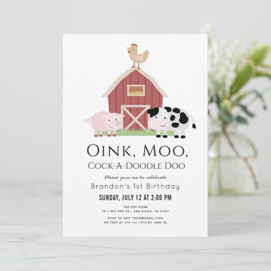 Landdieren Barnyard White Gingham 1e verjaardag Kaart (Staand voorkant)