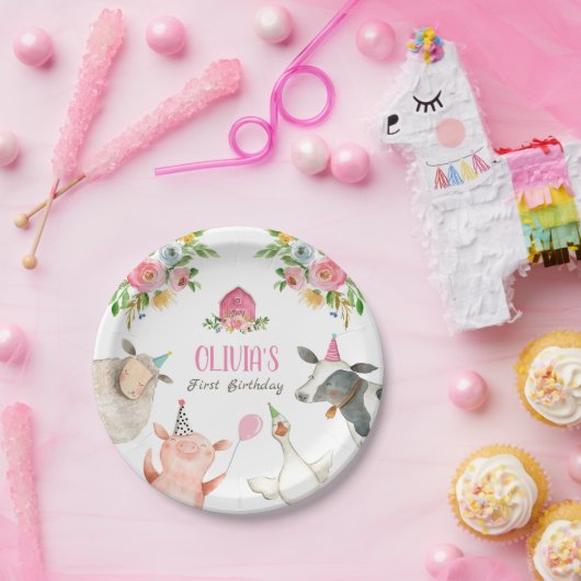 Landdieren Barnyard Zoo Party Girl Pink Birthday Papieren Bordje (Feest)