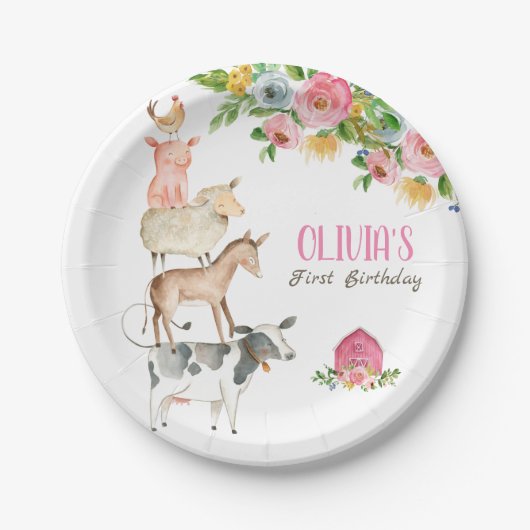Landdieren Barnyard Zoo Party Girl Pink Birthday Papieren Bordje (Voorkant)