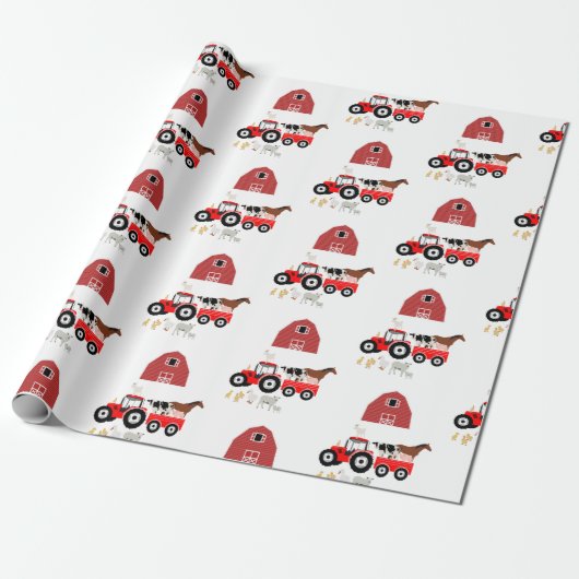 Landdieren en het Barnyard-patroon van Red Tractor Cadeaupapier (Uitgerold)