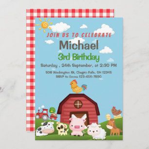 Landdieren Red Gingham Barnyard Birthday Invitat Kaart