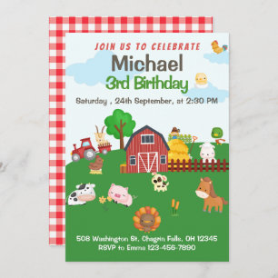 Landdieren Red Gingham Barnyard Birthday Invitat Kaart