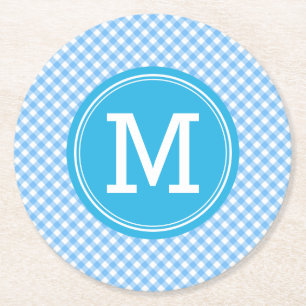Landelijk babyblauw geruit personaliseren monogram ronde kartonnen onderzetter