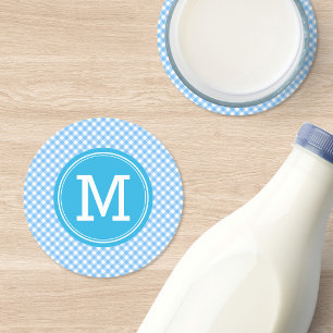 Landelijk babyblauw geruit personaliseren monogram ronde kartonnen onderzetter