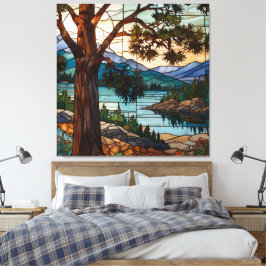 Landelijk berglandschap gebrandschilderd glas canvas afdruk