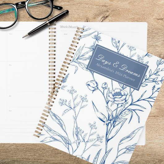Landelijk Blauw & Wit Bloemmotief Planner