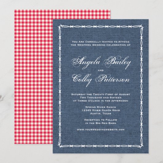 Landelijk blauwe denim en prikkeldraad kaart (Voorkant / Achterkant)